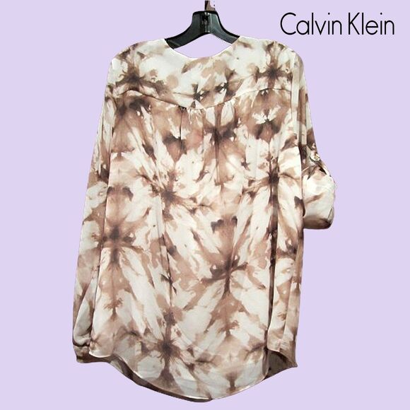 Calvin Klein NEW Abstract Chiffon Semi-Sheer Ruffle Roll-Up Sleeve Blouse L - Picture 8 of 11